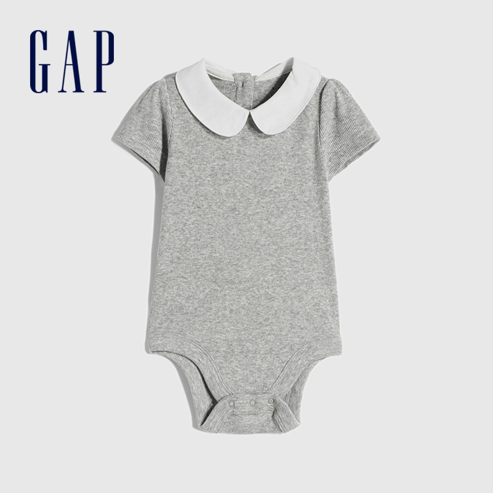 Gap 嬰兒裝 棉質舒適娃娃領短袖包屁衣-麻灰色(591858)