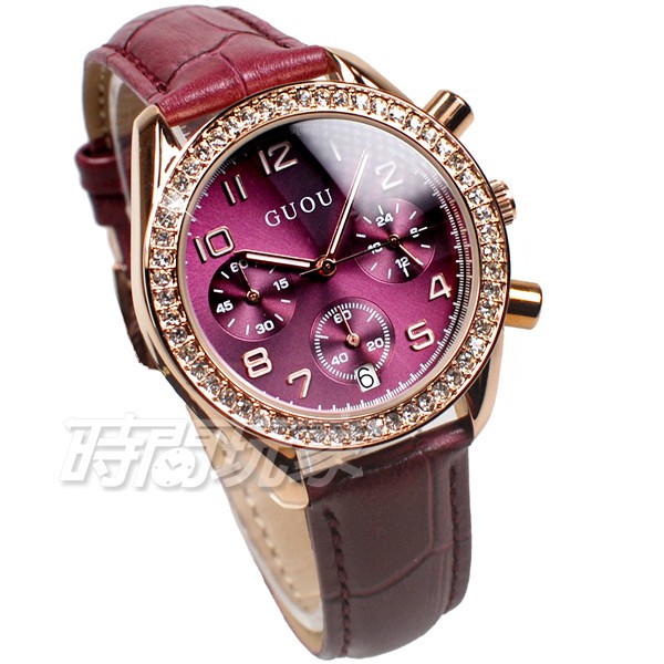 香港古歐 GUOU 閃耀時尚腕錶 GU8103紫 三眼造型 日期顯示窗 真皮皮革錶帶 女錶 紫x玫瑰金【時間玩家】
