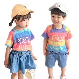 [現貨]韓版兒童套裝 彩虹字母短袖上衣+牛仔褲裙