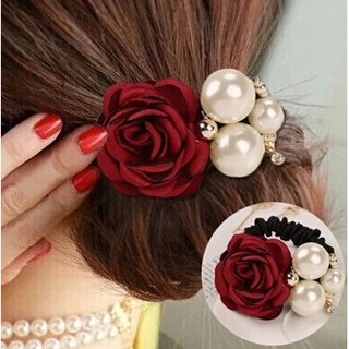 雅緻晶飾-韓版時尚精品大珍珠玫瑰花朵髮束(紅色下標區)