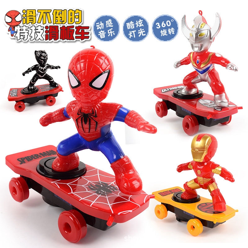 抖音同款 蜘蛛人特技滑板車 電動萬向旋轉翻滾音樂燈光兒童卡通玩具