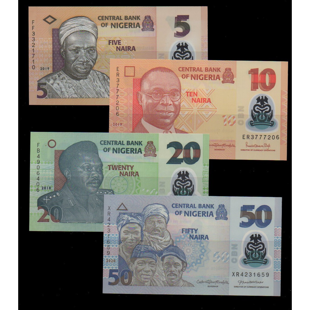 【低價外鈔】奈及利亞2018-2022年5-10-20-50 Naira 塑膠鈔四枚一組，少見~