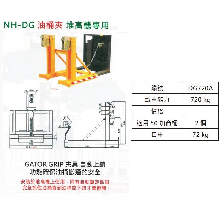 NH-DG油桶夾 堆高機專用 雙桶油桶夾具 堆高機用雙桶夾具 DG720A 荷重:720kg 適用50加侖鐵桶:2個