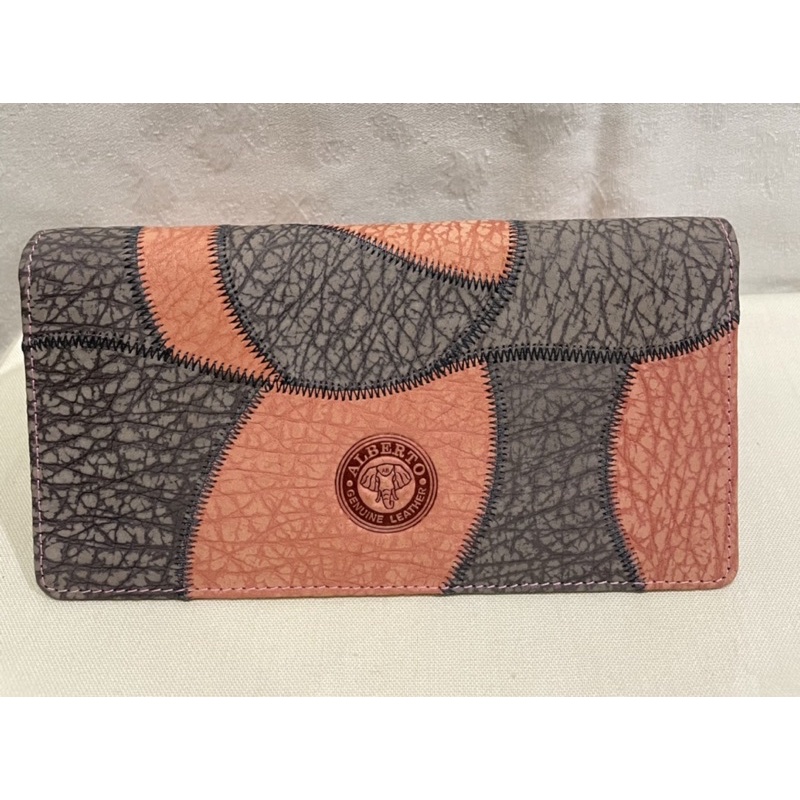 泰國曼谷大象皮紋撞色拼接（橘粉+灰）長夾錢包