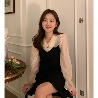 【簡致】韓國荷葉邊甜美長袖襯衫 雪紡上衣+吊帶裙 洋裝 洋裝 長袖套裝 X