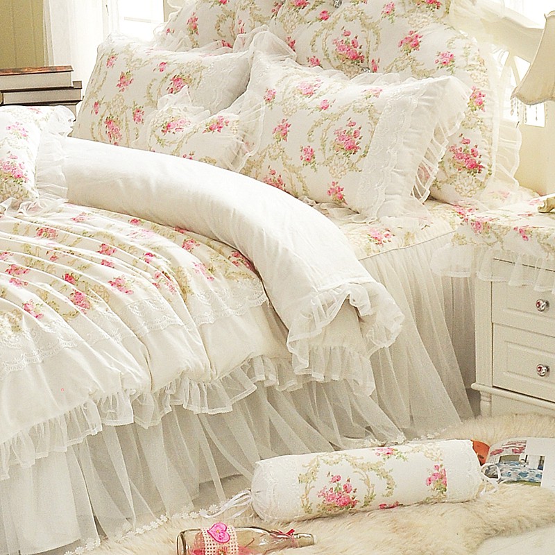 雙人床罩組 碎花床裙 秘密花園 標準雙人 5尺 白色 薄床罩組 入宅 結婚 精梳純棉 蕾絲床罩 公主風