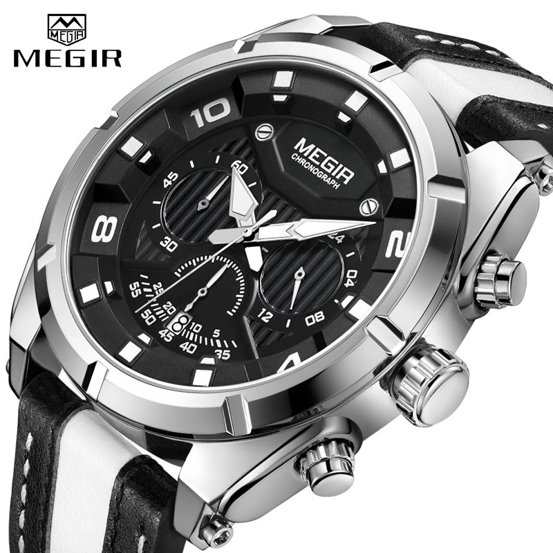 Megir 頂級奢侈品牌男士手錶軍用皮革 Stap 運動石英手錶男計時碼表大錶盤防水手錶