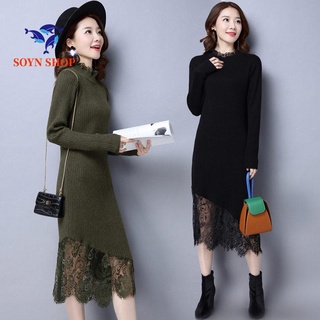 臺灣現貨👏SOYN SHOP👏加厚打底毛衣裙 洋裝💪 2020秋冬新款蕾絲拼接打底衫女長袖中長款過膝韓版修身保暖毛