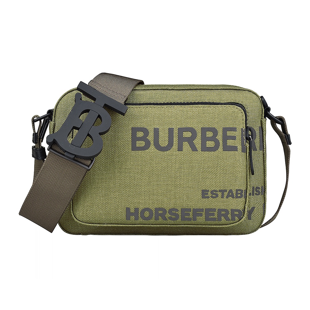 BURBERRY HORSEFERRY灰字LOGO帆布拉鍊斜背包(軍綠)