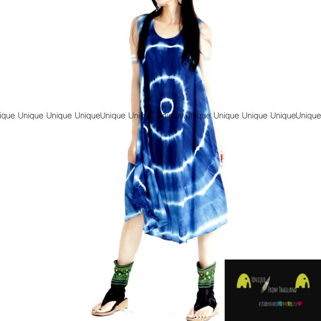 Unic＠泰國進口植物染🌳背心洋裝『TD263藍色手工植物綁染❄️超涼感❄️削肩背心中長洋裝』異國風 波希米亞風 洋裝