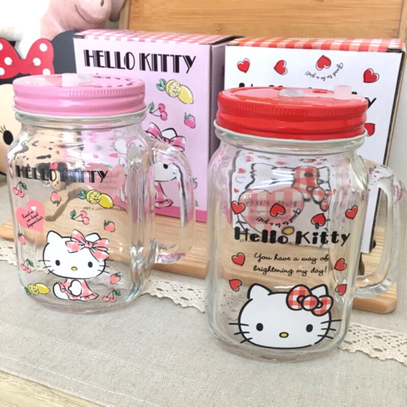 正版新款🍓hello Kitty梅森杯 kitty罐型杯 正版授權kitty玻璃杯 沙拉罐馬口鐵收納 吸管杯 隨手杯