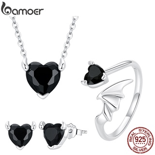 【Bamoer】925純銀 黑色惡魔心型珠寶 耳環項鍊戒指 情人節禮物 生日禮物 周年紀念 女性首飾