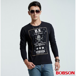BOBSON 男款圓領骷髏印圖黑色上衣 35026-88
