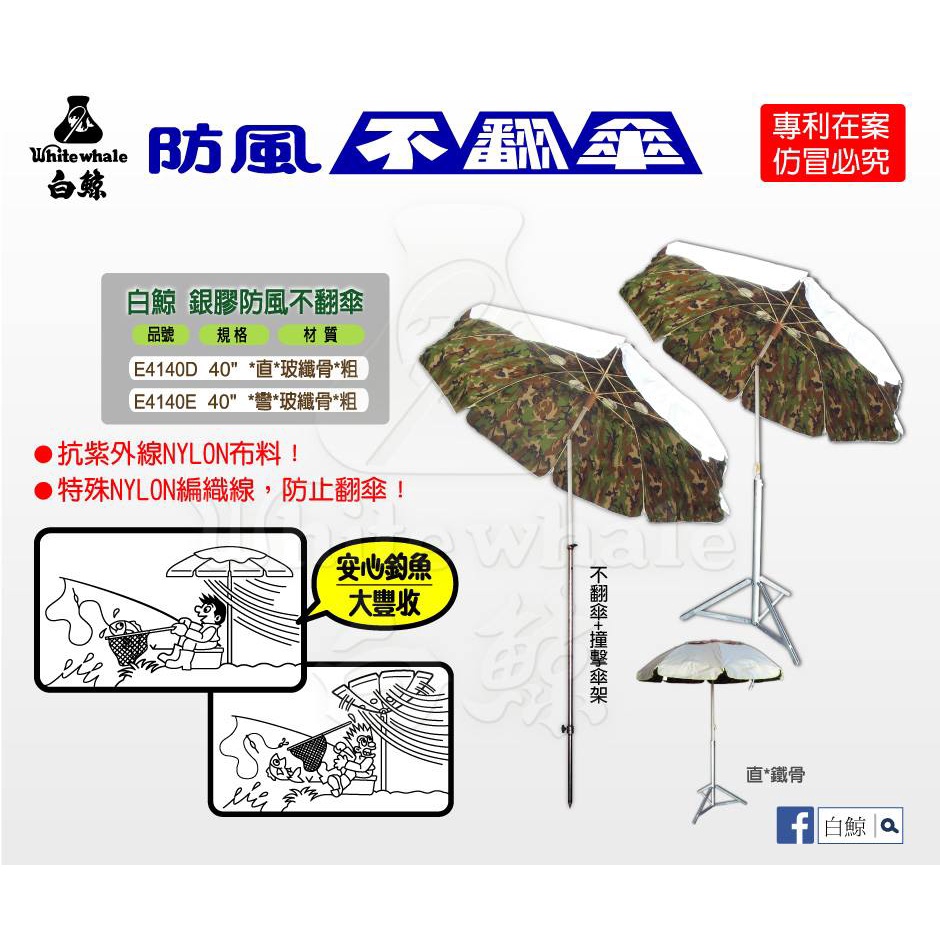 【漁樂商行】白鯨White Whale 銀膠專利 防風不翻傘 遮陽傘 池釣太陽傘 40吋 付收納袋 釣魚配件