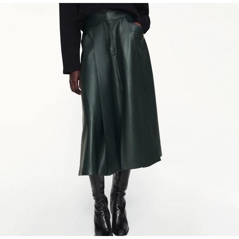 Zara最新款墨綠色人造皮中長裙M號皮裙FAUX LEATHER MIDI SKIRT | 蝦皮購物