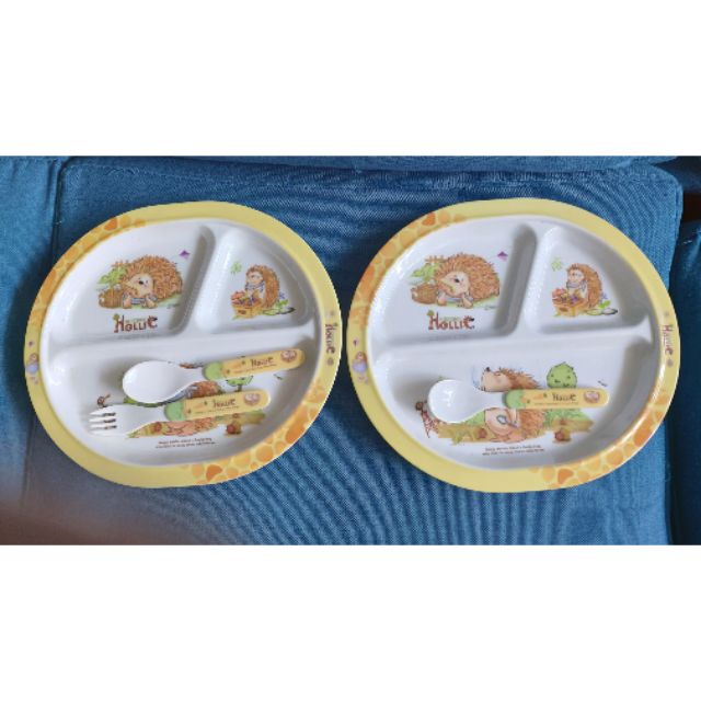 Hedgehog Hollie美耐皿兒童分格餐盤及湯匙叉子組。