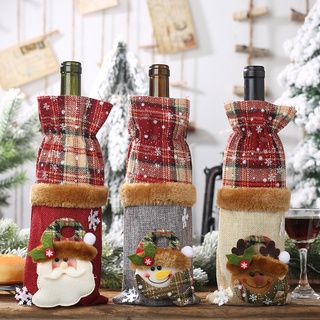 【聖誕產品】聖誕節裝飾品格子麻布酒瓶套聖誕老人香檳瓶蓋聖誕餐桌裝飾傢居裝飾