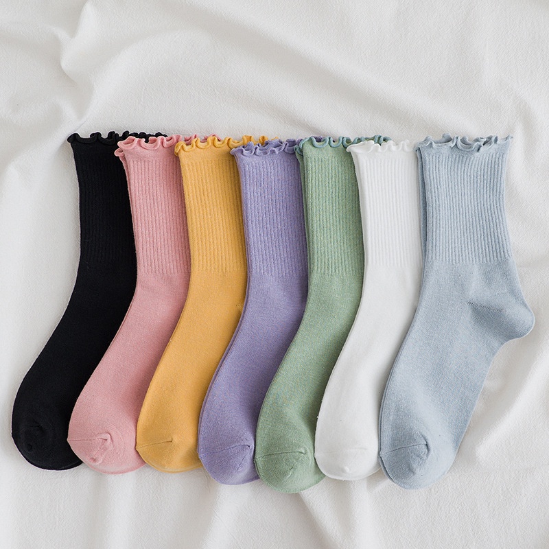 卷邊花邊襪子 基本款女襪 木耳邊糖果色中筒襪 堆堆襪