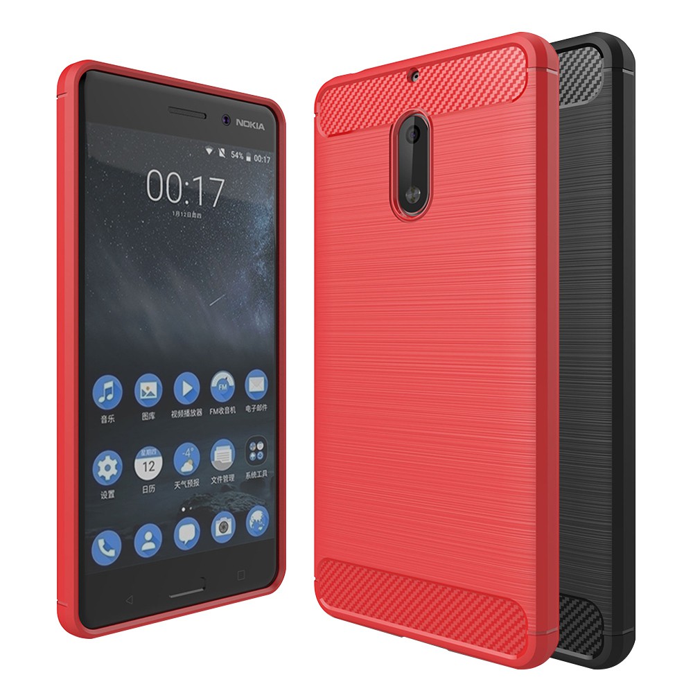 智慧購物王》現貨-Nokia 6 5.5吋 碳纖維拉絲紋軟殼散熱防震抗摔手機殼(黑/紅)