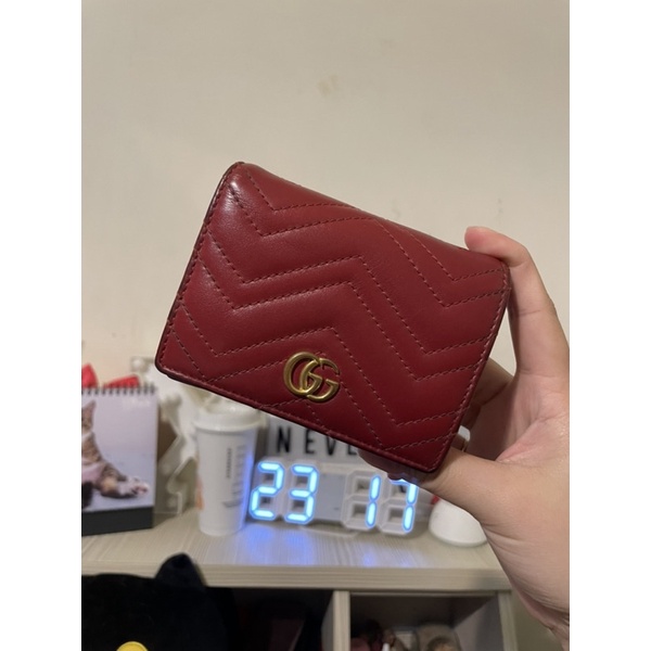 專櫃正貨正品 Gucci GG Marmont 紅色短夾 雙G Logo 馬夢牛皮金屬扣短夾 卡夾 零錢包