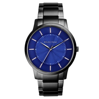 RELAX TIME 紳士入門錶款藍寶石玻璃鏡面幾何油壓面板防水石英腕錶42mm(黑X藍面）_RT-76-5