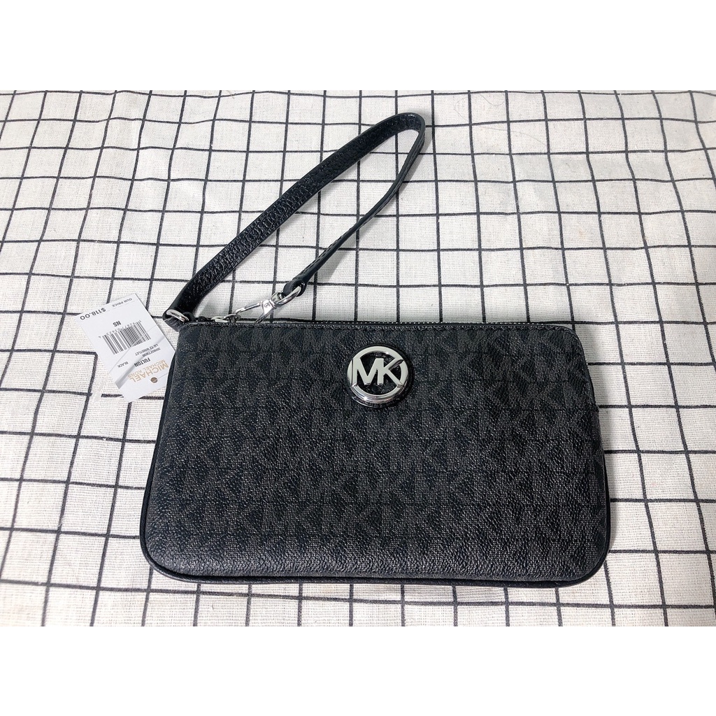 全新 MICHAEL KORS FULTON 圓標滿版LOGO防刮皮革大手拿包-黑灰