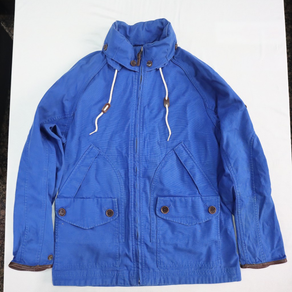 Timberland 男防風防水寶藍色有帽外套、大衣，100%棉＋牛皮，極少穿