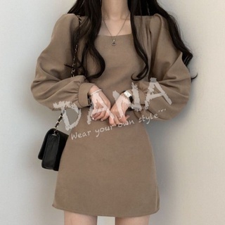 長袖洋裝 DANA 韓系chic復古方領收腰顯瘦短版連身裙