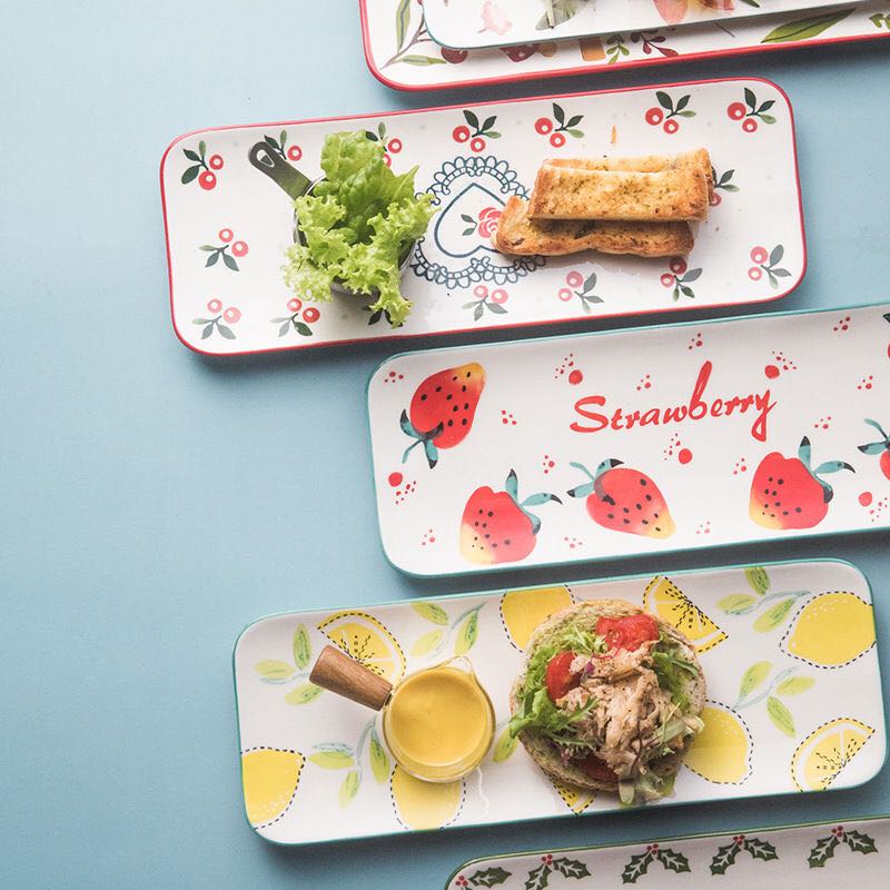 日式手繪花卉陶瓷壽司盤長盤點心西餐盤長方形盤日料盤甜品盤菜盤