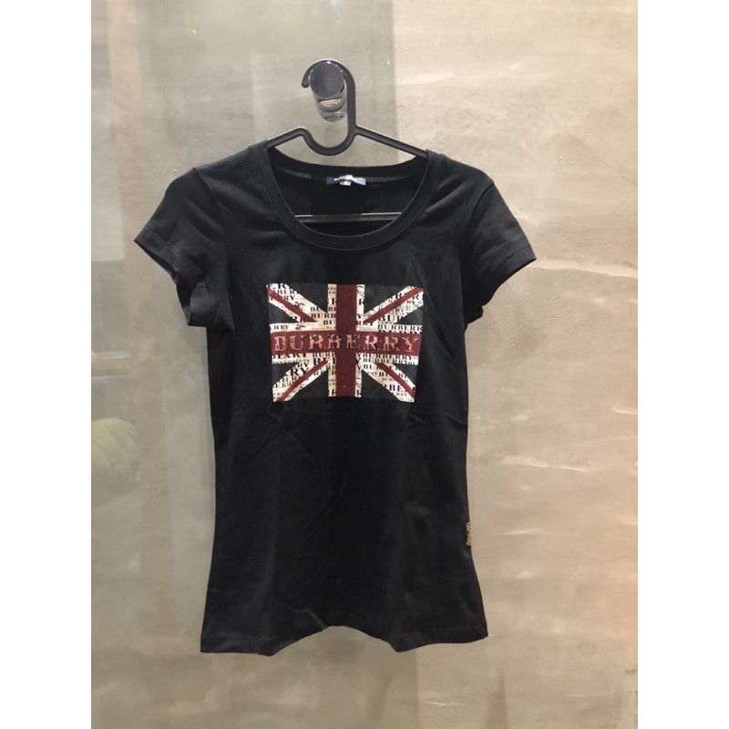 【二手近全新】Burberry 女士黑色合身短袖 英國國旗🇬🇧圖案棉質上衣 M