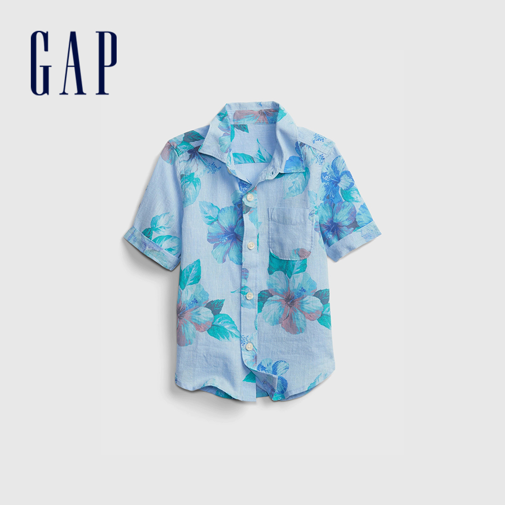 Gap 男幼童裝 亞麻混紡輕薄短袖襯衫-藍色花紋(681437)