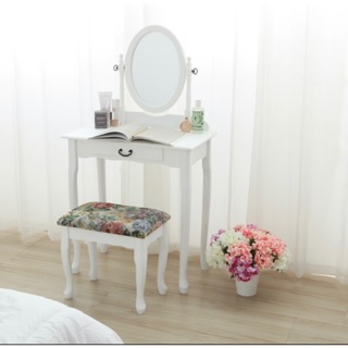 美式 Emilia經典鏡面360度翻轉化妝桌椅組-純白色