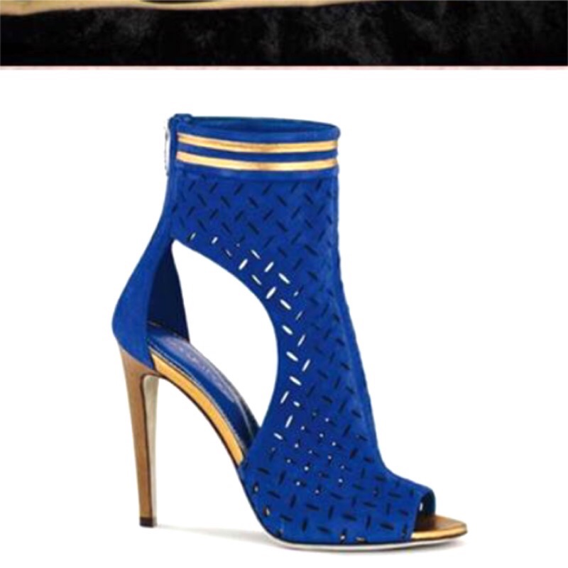 義大利精品 高級手工製鞋品牌Sergio Rossi～奢華高跟羅馬靴（藍色 金色）