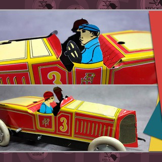◀倉庫掌門人▶復古雙人車款 紅黃配色 發條 鐵皮玩具 復古收藏 retro老玩具 場景擺設 拍照道具