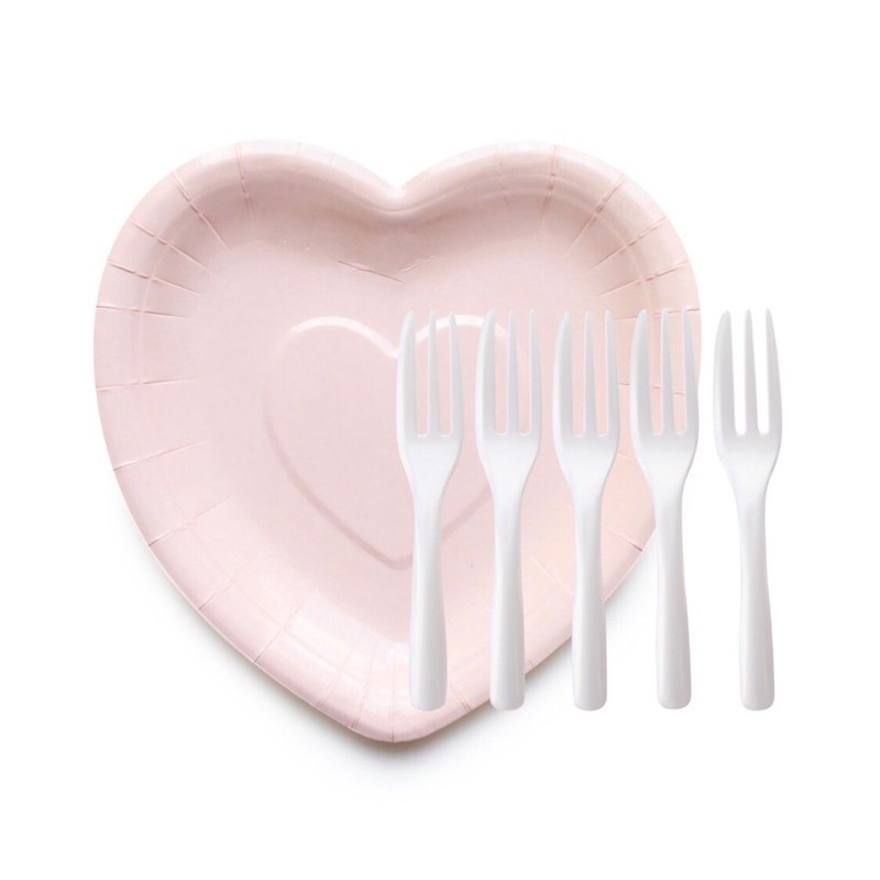 粉嫩愛心盤+珍珠蛋糕叉（5盤5叉）免洗蛋糕盤 免洗餐盤 派對餐盤 草莓牛奶配色