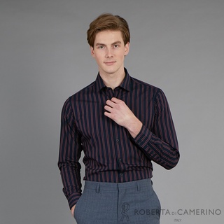 ROBERTA諾貝達 進口素材 台灣製 個性條紋 休閒純棉長袖襯衫 藍黑