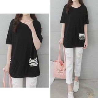 「M~XL。臺灣現貨」2色 造型條紋口袋 圓領上衣 (C1258)