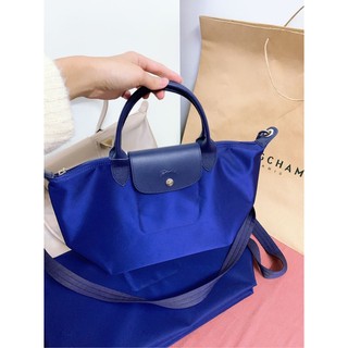 全新真品 法國Longchamp Le pliage Neo寶藍色 光澤感 短柄S/M款 尼龍手袋 托特包 水餃包