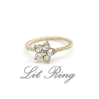 【Lit Ring】水鑽花朵星星麻花戒指。質感 精緻 金色 單麻花 小花 花朵 鑲鑽 星星 雕刻花紋 戒指 飾品 首飾
