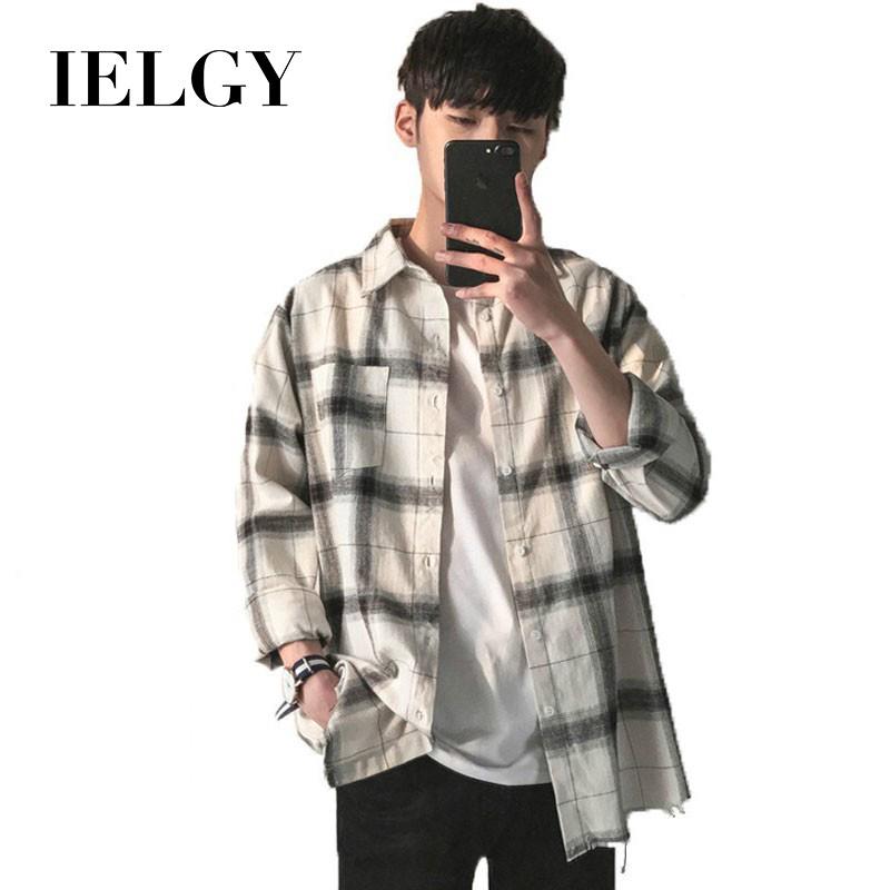 IELGY 夏季襯衫男士長袖休閒寬鬆格子襯衫
