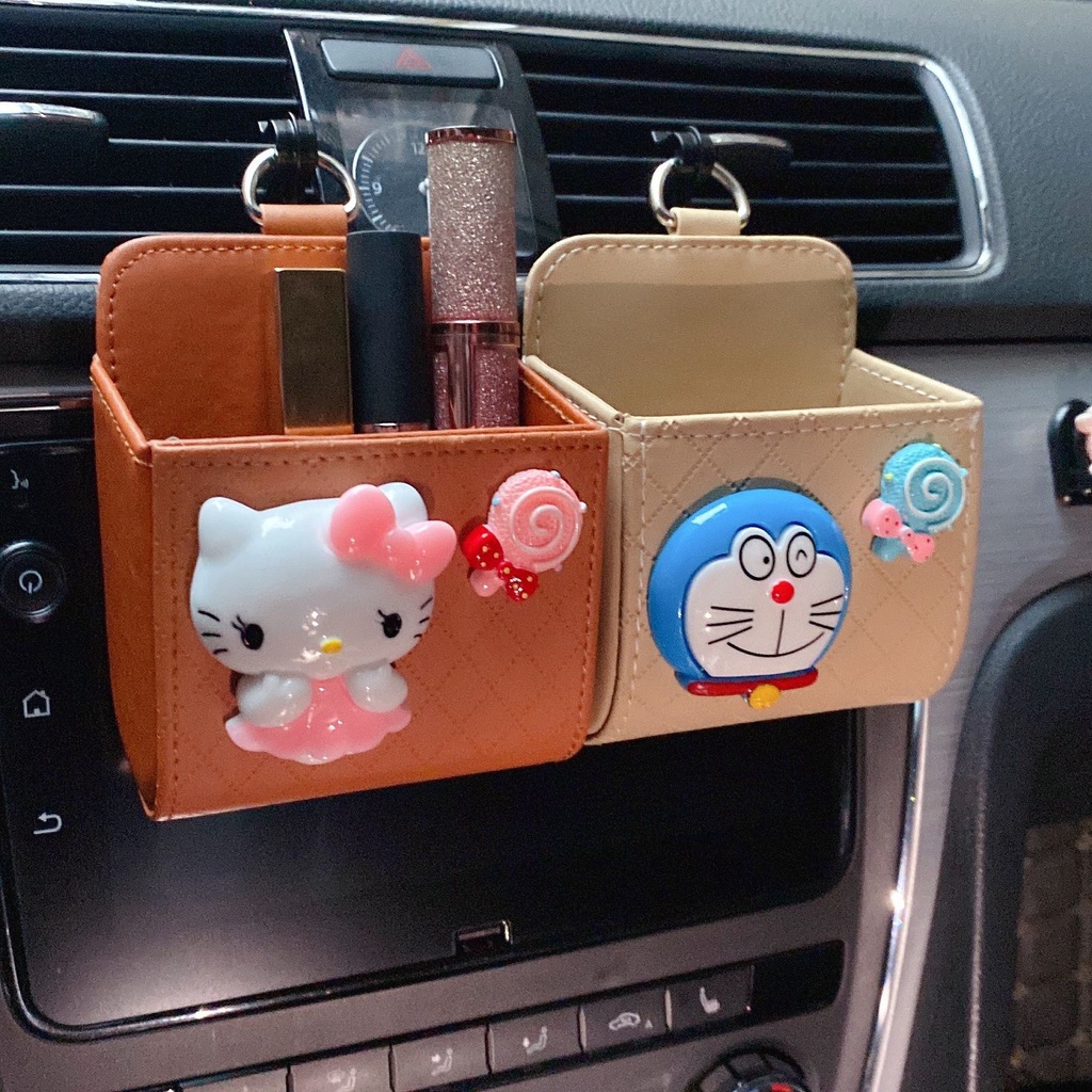 創意車用用品哆啦A夢Kitty汽車收納袋掛式出風口車內裝飾卡通車用儲物收納盒手機置物袋
