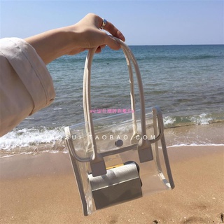 🌸安緹仕潮牌旗艦店👜透明小包包女2020新款夏日搭配洋氣PU皮拼接手提包ins拍照沙灘包