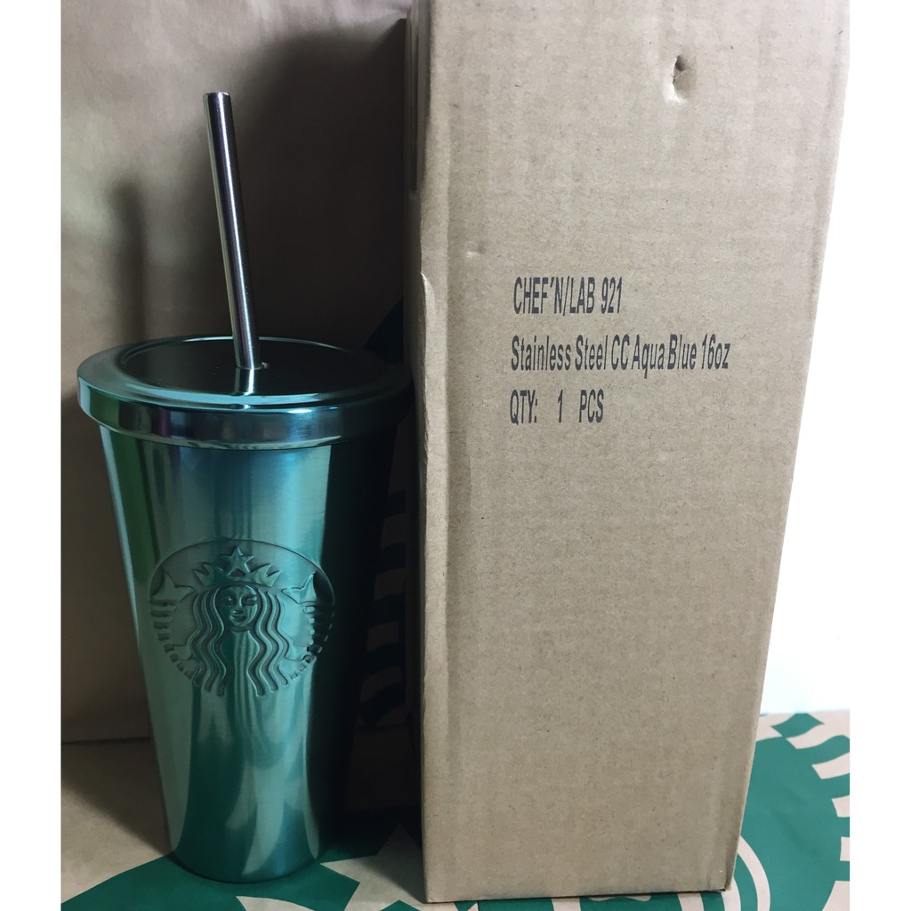 Starbucks 美國星巴克 16oz 水藍 水綠 水綠藍 不鏽鋼隨行杯 (附不鏽鋼吸管) 全新