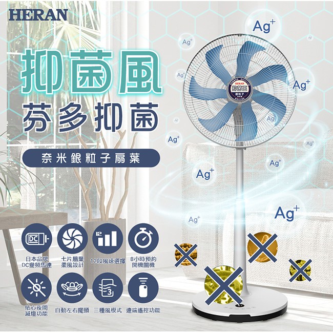 HERAN禾聯 16吋奈米銀抑菌DC扇 HDF-16AH76(灰/藍/粉三色)