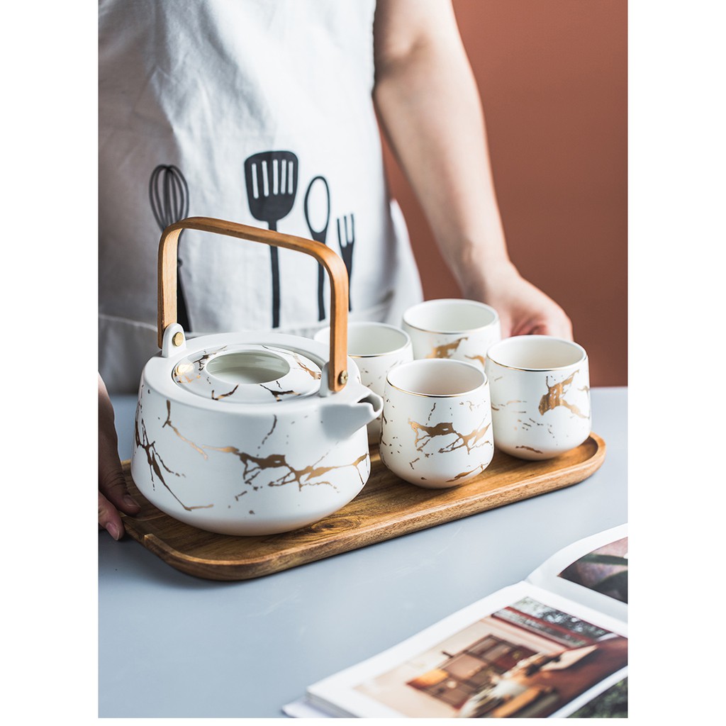 極簡生活 日式金色大理石紋茶具套裝啞光沖茶壺茶杯家用花茶壺配木