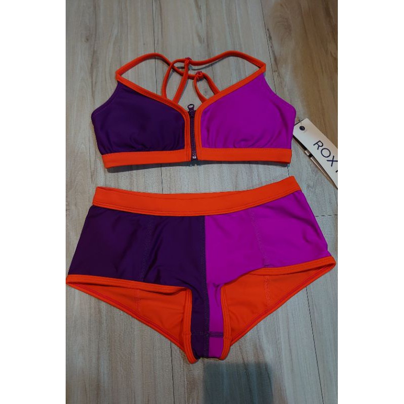 💮現貨特價💮Roxy 紫橘撞色前開式運動型比基尼 最後一套XS 售完斷貨 泳衣 運動內衣 兩截式 有襯墊 調節 背心