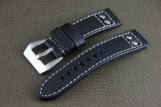 24mm 直身黑色真皮錶帶banda軍錶飛行風格鉚釘