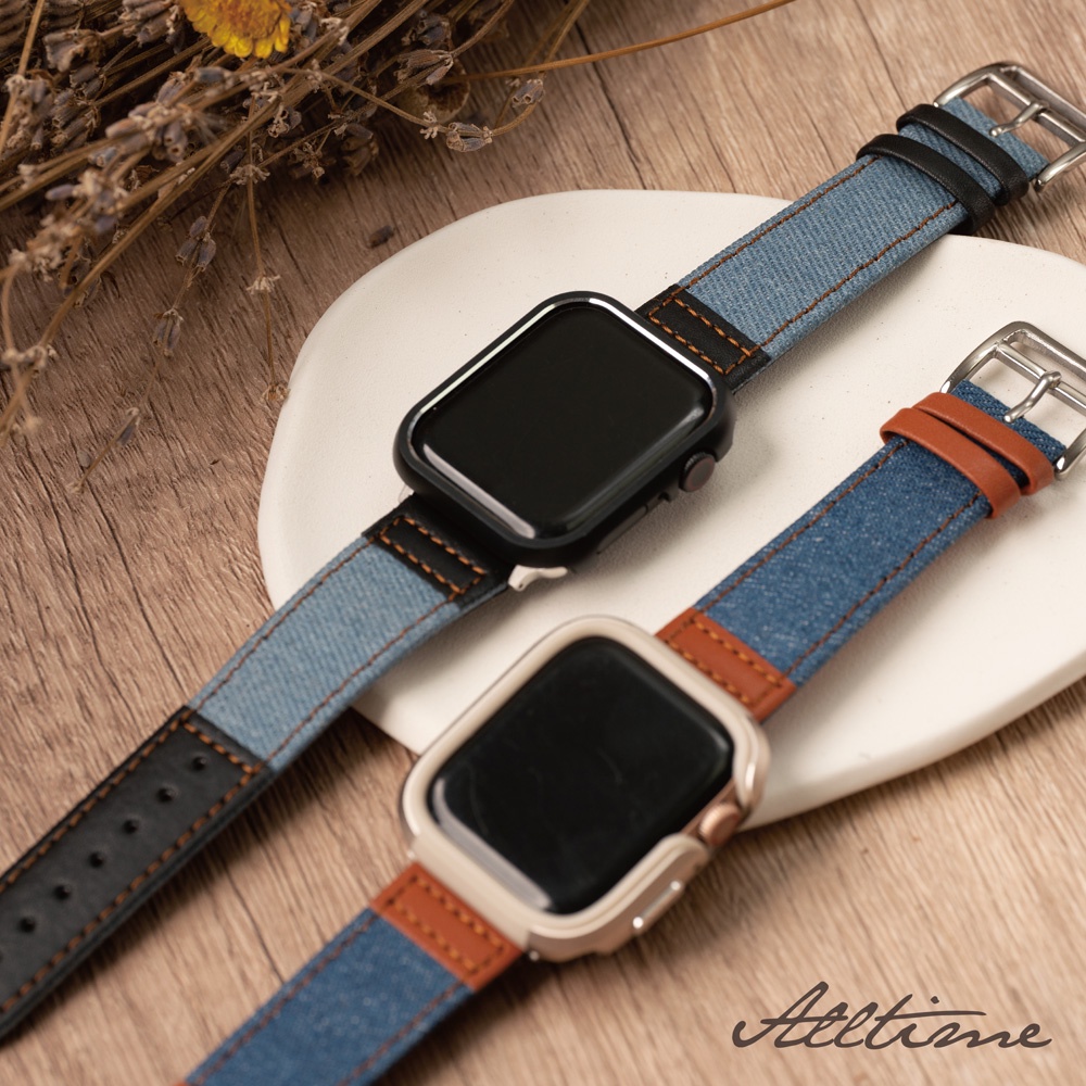 【AllTime】人氣精選錶殼+錶帶套組/古著風格丹寧真皮錶帶 Apple watch通用錶帶