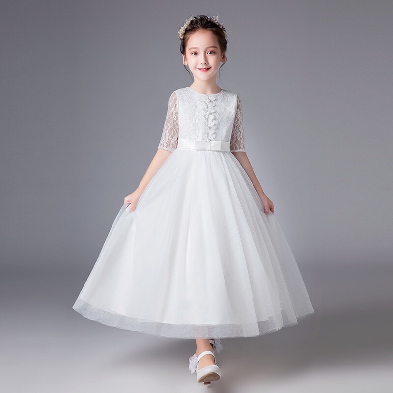 韓版女童白色長禮服 音樂會 公主裙 畢業季演出服 鋼琴演奏 花童 短袖禮服 洋裝紗裙
