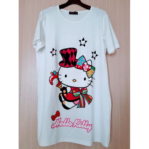 Hello Kitty 黑鑽+低調立體豹紋皮紋 短袖長版T恤